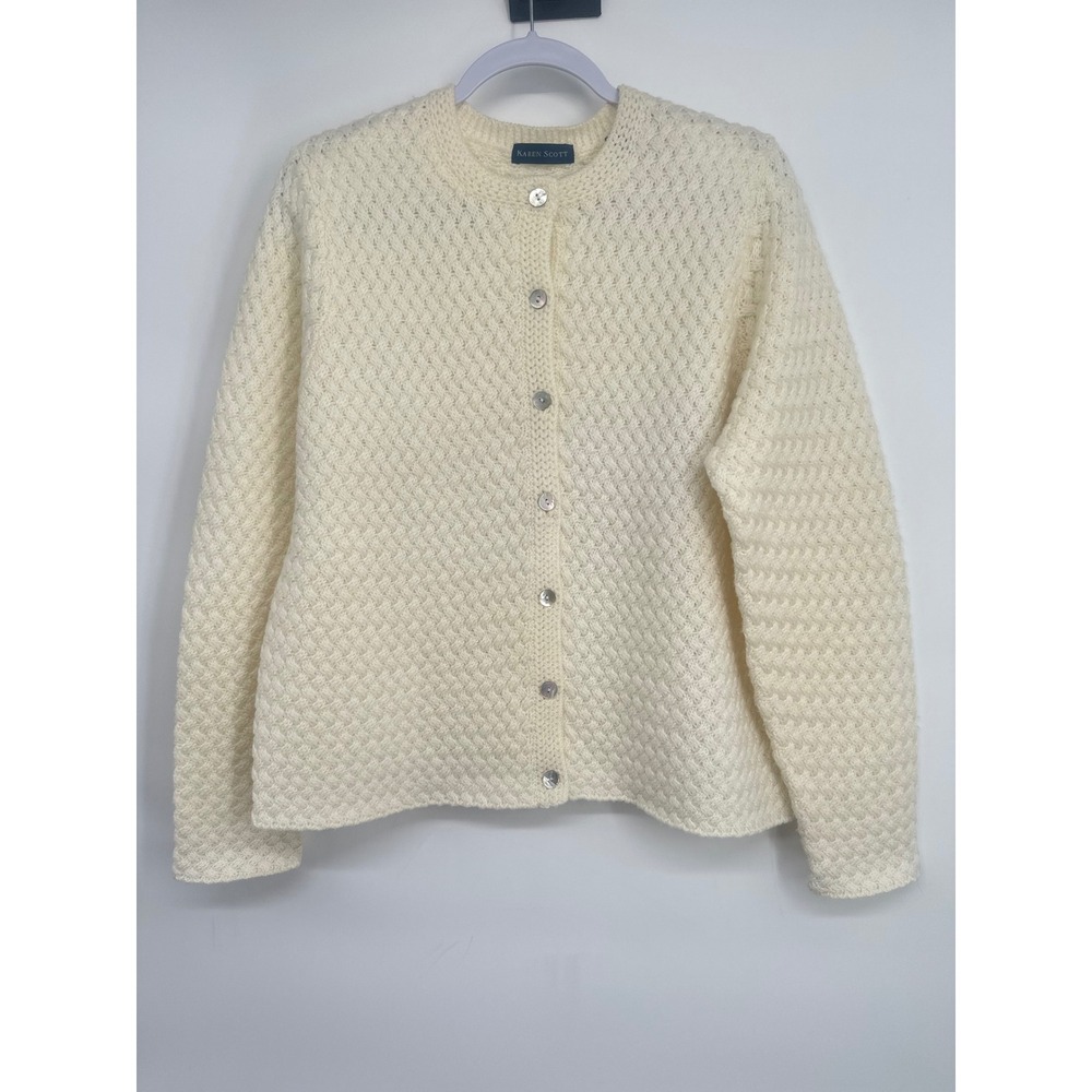 Vtg Karen Scott Cardigan Sweater Women L Cream Button Basketweave Granny Cottage